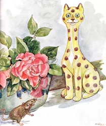 "Eu vi um grande gato todo coberto de manchas", ilustração de "O livro Mousie Mischievious", publicado por Thomas Nelson und Sons, década de 1920